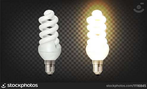 Glowing Spiral Compact Fluorescent Lamp Cfl Vector. Modern Economical Lamp Office Or Room Light Equipment Temporary Background. Type Of Lighting Device Layout Realistic 3d Illustration. Glowing Spiral Compact Fluorescent Lamp Cfl Vector