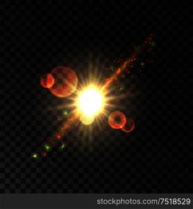 Glowing star light flash. Vector shining sun rays with lens flare effect. Sparkling beams on transparent background. Glowing star light flash. Vector shining sun