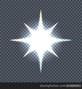 Glowing Star Sparkle Light Flashes Shiny Glitter. Glowing star, sparkle, light flashes, shiny glitter on transparency. Glow bright star light firework. Flash glow, sparkle illuminated, flare effect, shine explosion spark, starburst. Vector