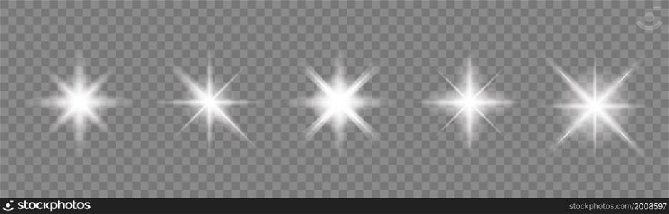 Glowing vector star. Light shine effect. Christmas shiny rays light glow sparks. Glitter stars set isolated on transparent background.. Glowing vector star. Light shine effect. Christmas shiny rays light glow sparks.