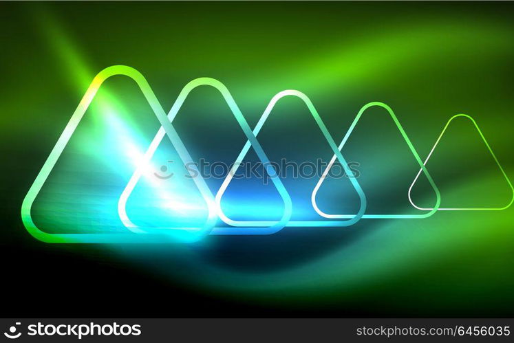 Glowing vector triangle geometric shapes in dark space. Glowing vector triangle geometric shape in dark spaces. Vector abstract background