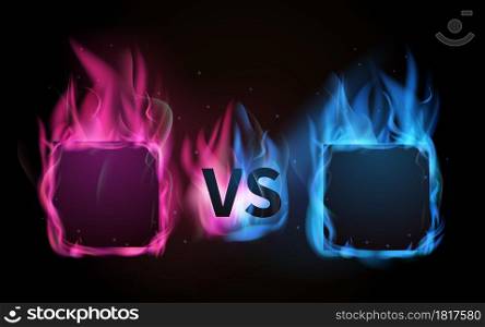 Glowing Versus screen. Pink vs blue, confrontation of male and female metaphor. Burn colorful frames vector illustration. Fight confrontation game vs glow. Glowing Versus screen. Pink vs blue, confrontation of male and female metaphor. Burn colorful frames vector illustration