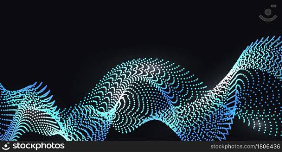 Glowing wave swirl, dot pparticles synergy effect. Nano technology and big data science, ceber space and cosmic universe. Tech futuristic wave, abstract background. Vector illustration
