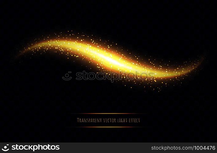 Glowing wave with sparkles, gold light effect isolated on transparent background. Shining magic scattered stardust. Abstract vector illustration.. Glowing wave with sparkles, gold light effect isolated on transparent background.