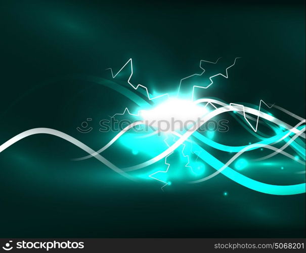 Glowing wavy lines template. Glowing wavy lines template. Color lightning concept in the dark, energy magic abstract background