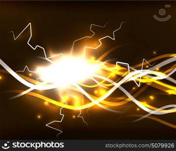 Glowing wavy lines template. Glowing wavy lines template. Color lightning concept in the dark, energy magic abstract background