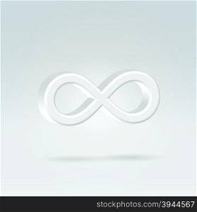 Glowing white silver bright infinity symbol 3d closeup backlit hanging in space