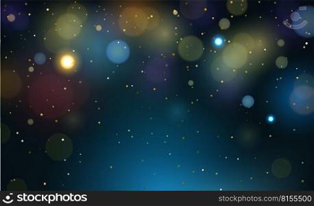 Glowing yellow bokeh circles, sparkling golden dust abstract background. blue holiday bokeh. Abstract Christmas background. Vector illustration. Glowing bokeh background