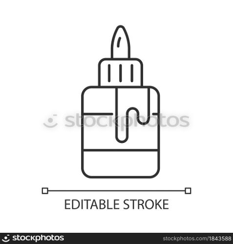 Glue bottle linear icon. Craft and hobby supplies. Bonding together paper materials. Thin line customizable illustration. Contour symbol. Vector isolated outline drawing. Editable stroke. Glue bottle linear icon