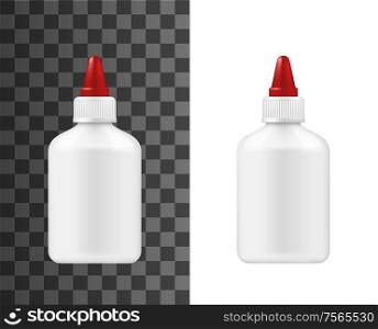 Glue bottle, plastic container with red cap, 3d mockup template. Vector isolated super glue package, office stationery and domestic adhesive tool item, blank bottle branding mock up. Super glue white plastic bottle, package mockup