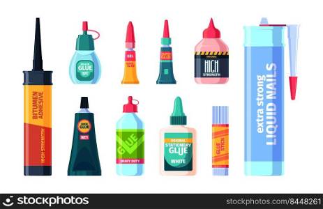 Glue containers. Plastic transparent bottles glue 3d tubes office supplies collection garish vector cartoon illustrations. Container and bottle plastic, glue collection. Glue containers. Plastic transparent bottles glue 3d tubes office supplies collection garish vector cartoon illustrations