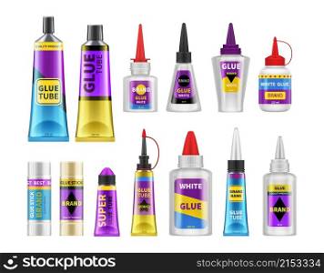 Glue packaging. Glues tubes, realistic adhesive stick and bottle plastic packs 3d isolated vector illustration. Glue gel in tube or package. Glue packaging. Glues tubes, realistic adhesive stick and bottle plastic packs 3d isolated vector illustration