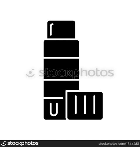 Glue stick black glyph icon. Solid adhesive in push-up tube. Craft glue for scrapbooking. Sticking materials together. Classroom supply. Silhouette symbol on white space. Vector isolated illustration. Glue stick black glyph icon