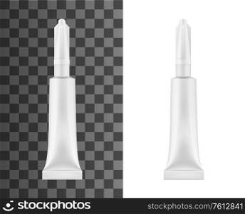 Glue tube mockup, isolated 3d vector object. Realistic adhesive white package template, universal super glue in metal tube, blank container with long tip and protective plastic cap. Superglue mockup. Glue tube mockup, isolated vector object