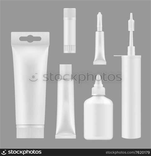 Glue tubes and sealant containers 3D white blank mockups. Vector isolated models silicon caulk foam cartridge and adhesive glue bottle or stick packages. Glue tubes, silicon sealant containers 3D mockups