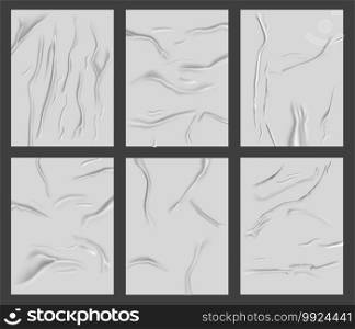 Glued paper poster. Realistic wet wrinkled paper surface, crumpled wrinkles texture paper sheets. Wrinkled glued blank posters vector background set. Adhesive and greased empty templates. Glued paper poster. Realistic wet wrinkled paper surface, crumpled wrinkles texture paper sheets. Wrinkled glued blank posters vector background set