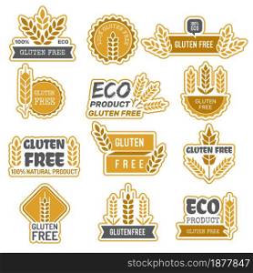 Gluten free badges. Eco bio farm fresh natural product sticky labels for packages no gluten in food vector symbols. Vegetarian emblem health, organic free gluten illustration. Gluten free badges. Eco bio farm fresh natural product sticky labels for packages no gluten in food vector symbols