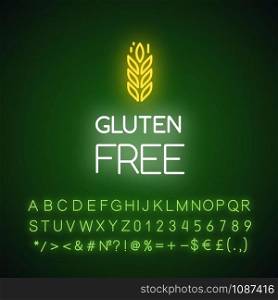 Gluten free neon light icon. Organic food. Product free ingredient. Healthy bread. Celiac prevention. Personal healthcare. Glowing sign with alphabet, numbers and symbols. Vector isolated illustration