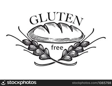 Gluten free products, poster with wheat vector. Monochrome sketch outline with crop, dietary healthy nutrition. Organic meal, sensitivity to ingredients, control of healthcare, eating restrictions. Gluten free products, poster with wheat vector.