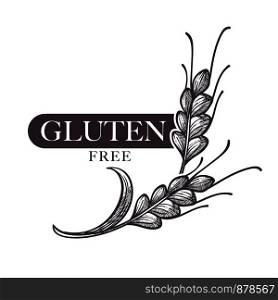 Gluten free products, poster with wheat vector. Monochrome sketch outline with crop, dietary healthy nutrition. Organic meal, sensitivity to ingredients, control of healthcare, eating restrictions. Gluten free products, poster with ear of wheat