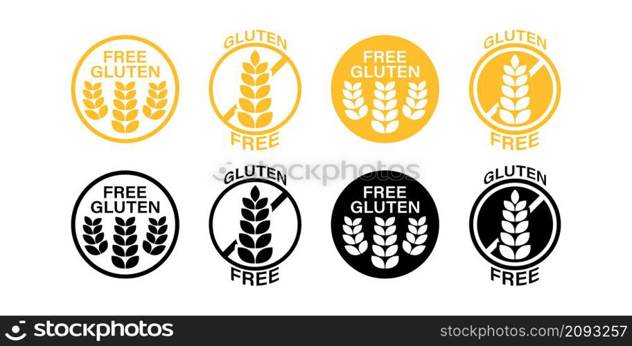 Gluten free vector diet stamp icon set. Wheat product allergy yellow and black symbol collection.