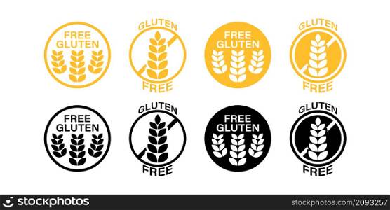 Gluten free vector diet stamp icon set. Wheat product allergy yellow and black symbol collection.