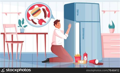 Gluttony flat composition with view of kitchen with man next to fridge with junk fast food vector illustration