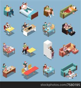 Gluttony isometric colored icons set with overweight people eating fast food at home and cafe 3d isolated vector illustration