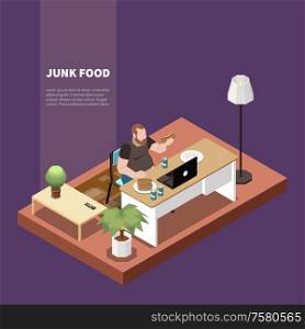 Gluttony isometric concept with man eating junk food and working on laptop 3d vector illustration