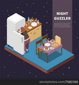 Gluttony isometric concept with night guzzler taking food out of fridge 3d vector illustration