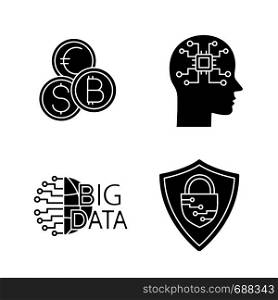 glyph icons set. Silhouette symbols. Neurotechnology. AI. Big data, currency exchange, cybersecurity, robot. Vector isolated illustration. Artificial intelligence glyph icons set