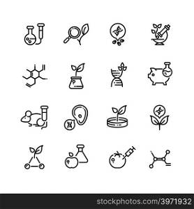 Gmo food and medical science vector line editable icons. Dna modification and agriculture technology outline symbols. Science genetic modification dna in food illustration. Gmo food and medical science vector line editable icons. Dna modification and agriculture technology outline symbols