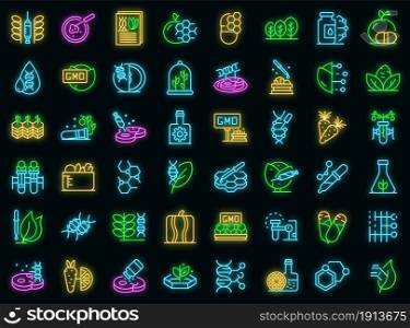 Gmo food icons set. Outline set of gmo food vector icons neon color on black. Gmo food icons set vector neon