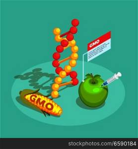 GMO food isometric composition on turquoise background with dna molecule, genetically modified corn and apple vector illustration. GMO Food Isometric Composition