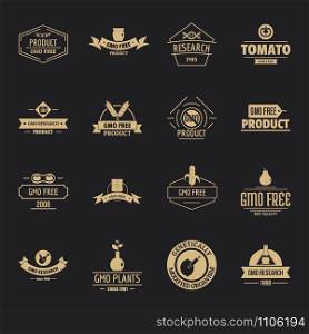 GMO food logo icons set. Simple illustration of 16 GMO food logo vector icons for web. GMO food logo icons set, simple style