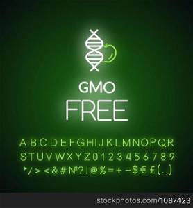 GMO free neon light icon. Organic eco food. Natural fruits, vegetables. Product free ingredient. Healthy eating. Glowing sign with alphabet, numbers and symbols. Vector isolated illustration