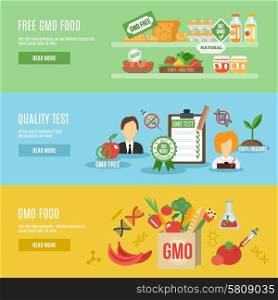 Gmo horizontal banner set with food quality test flat elements isolated vector illustration. Gmo Banner Set
