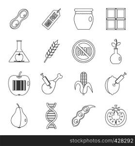 GMO icons set food. Outline illustration of 16 GMO food vector icons for web. GMO icons set food, outline style