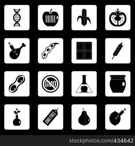 GMO icons set in white squares on black background simple style vector illustration. GMO icons set squares vector