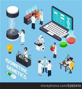 GMO Isometric Composition. Genetics composition with dna symbols scientists used laboratory experiments and image of robot with tubes isometric vector illustration