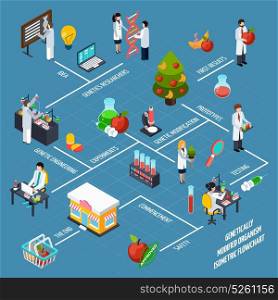 Gmo Isometric Flowchart. Genetically modified organism isometric flowchart from idea to result through research engineering and testing researches vector illustration