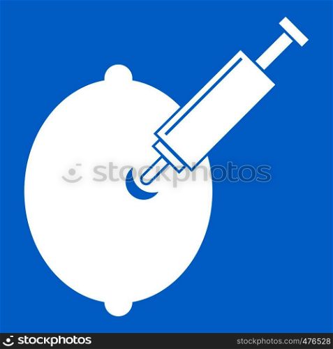 GMO lemon with syringe icon white isolated on blue background vector illustration. GMO lemon with syringe icon white