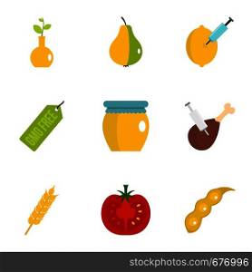 GMO product icon set. Flat set of 9 GMO product vector icons for web isolated on white background. GMO product icon set, flat style