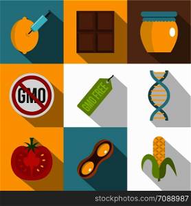 GMO product icon set. Flat style set of 9 GMO product vector icons for web design. GMO product icon set, flat style