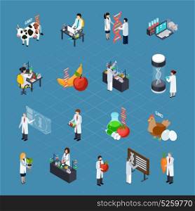 GMO Related Isometric Icons Set. GMO related icons set with researchers conducting scientific experiments dna signs genetically modified products and home animals isometric vector illustration