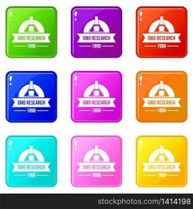 Gmo research badge icons set 9 color collection isolated on white for any design. Gmo research badge icons set 9 color collection