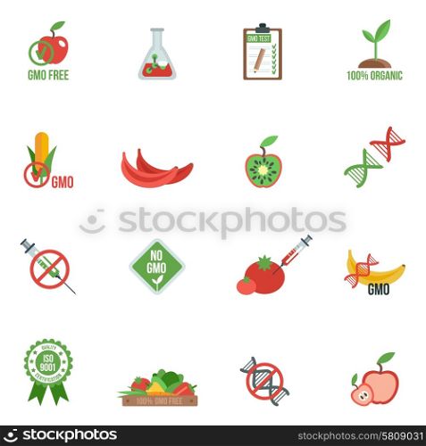 Gmo with genes modified food and warning information icons flat set isolated vector illustration. Gmo Icons Flat