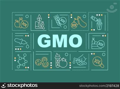 GMO word concepts dark green banner. Genetically modified organism. Infographics with icons on color background. Isolated typography. Vector illustration with text. Arial-Black font used. GMO word concepts dark green banner