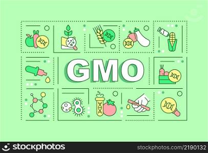 GMO word concepts green banner. Genetically modified organism. Infographics with icons on color background. Isolated typography. Vector illustration with text. Arial-Black font used. GMO word concepts green banner