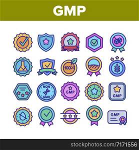 Gmp Certified Mark Collection Icons Set Vector Thin Line. Gmp Good Manufacturing Practice In Form Shield And Medal, Check Signs And Star Concept Linear Pictograms. Color Contour Illustrations. Gmp Certified Mark Collection Icons Set Vector